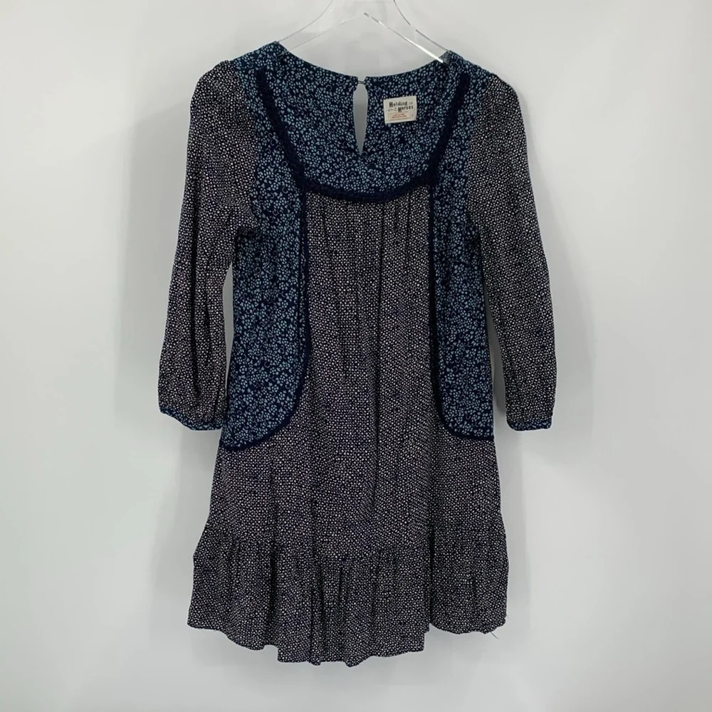 Holding Horses Anthropologie colorblock mini dress navy black print ruffle Small
